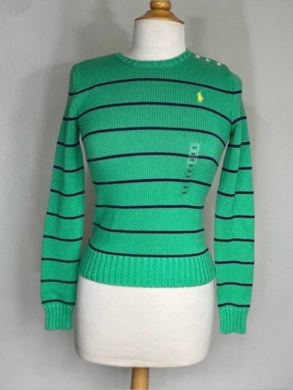 NWT New Ralph Lauren Sport Womens Kelly Green Navy Stripe Knit Sweater XS Preppy